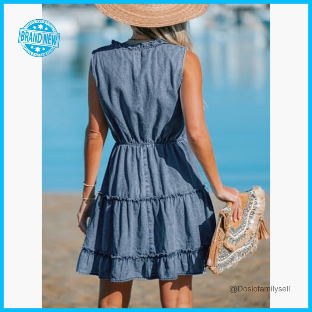 Denim Mini Dress Ruffled Sleeveless V Neck Split Casual Summer Chic - Picture 3 of 5